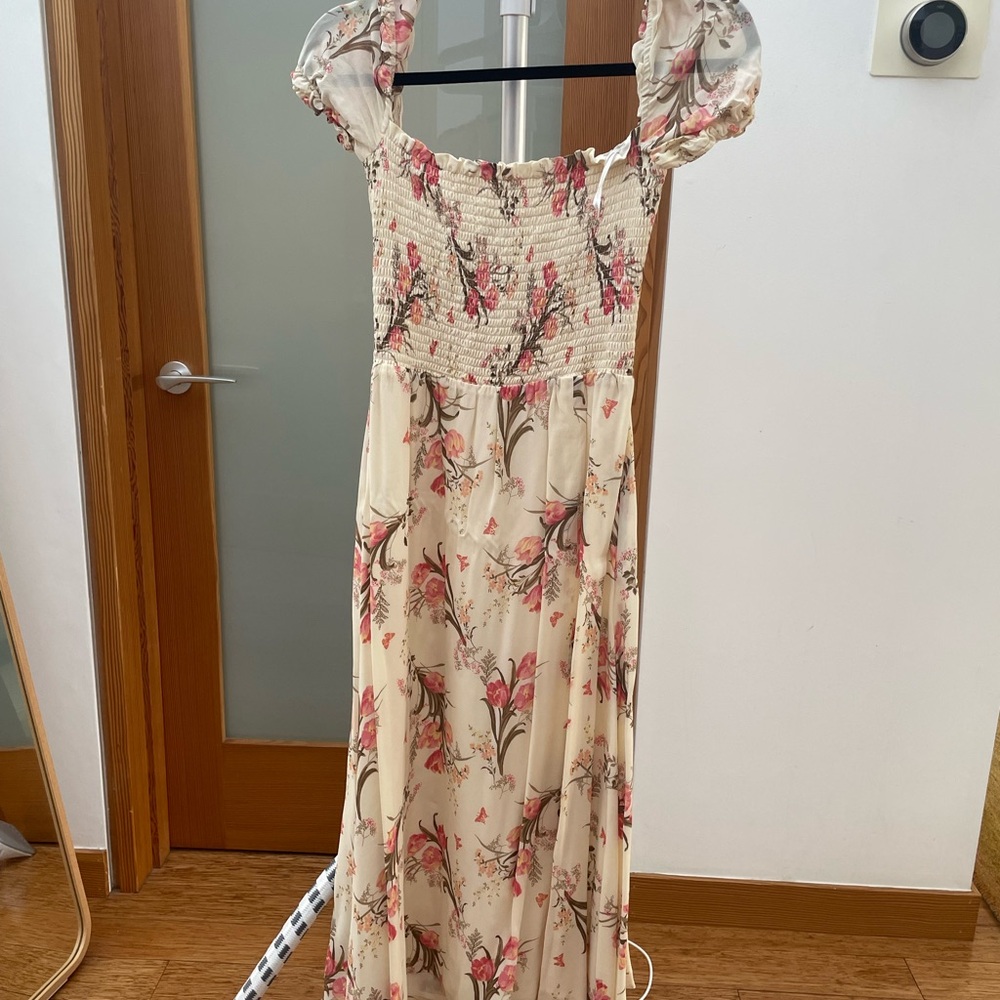 Reformation Cream Maxi Dress with Smocked Puff Sleeves